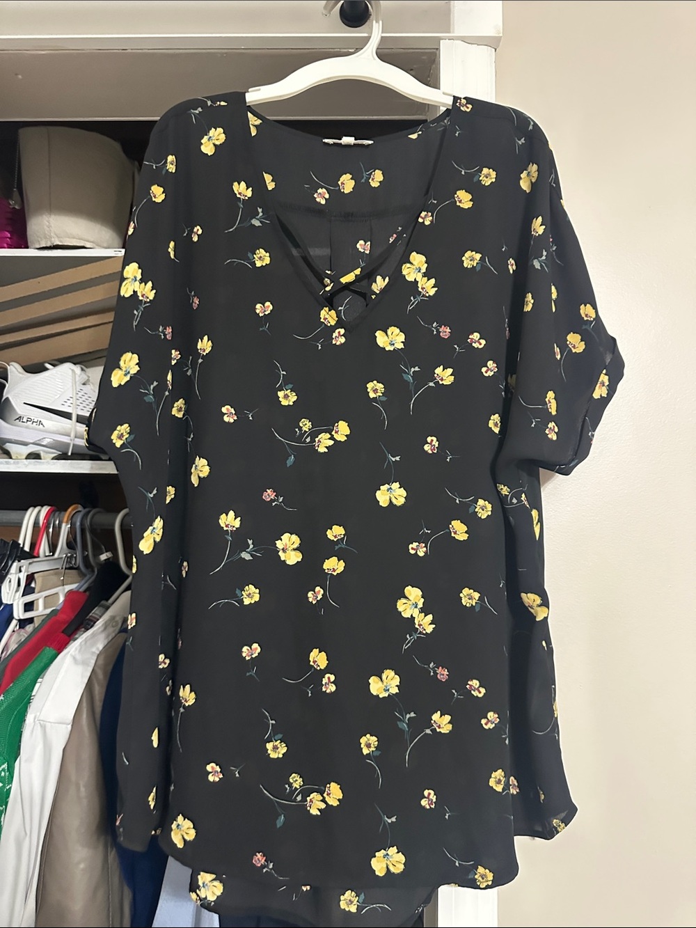 Maurices Black Floral Crisscross V-Neck Top with Yellow Flowers